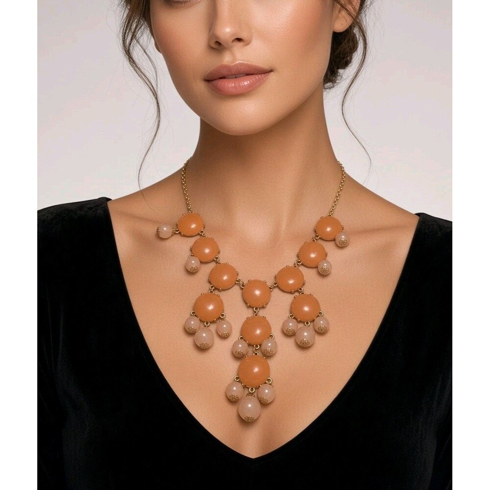 Vintage Gold Tone Orange Cabochon Statement Necklace Peach Beads Bib Chandelier
